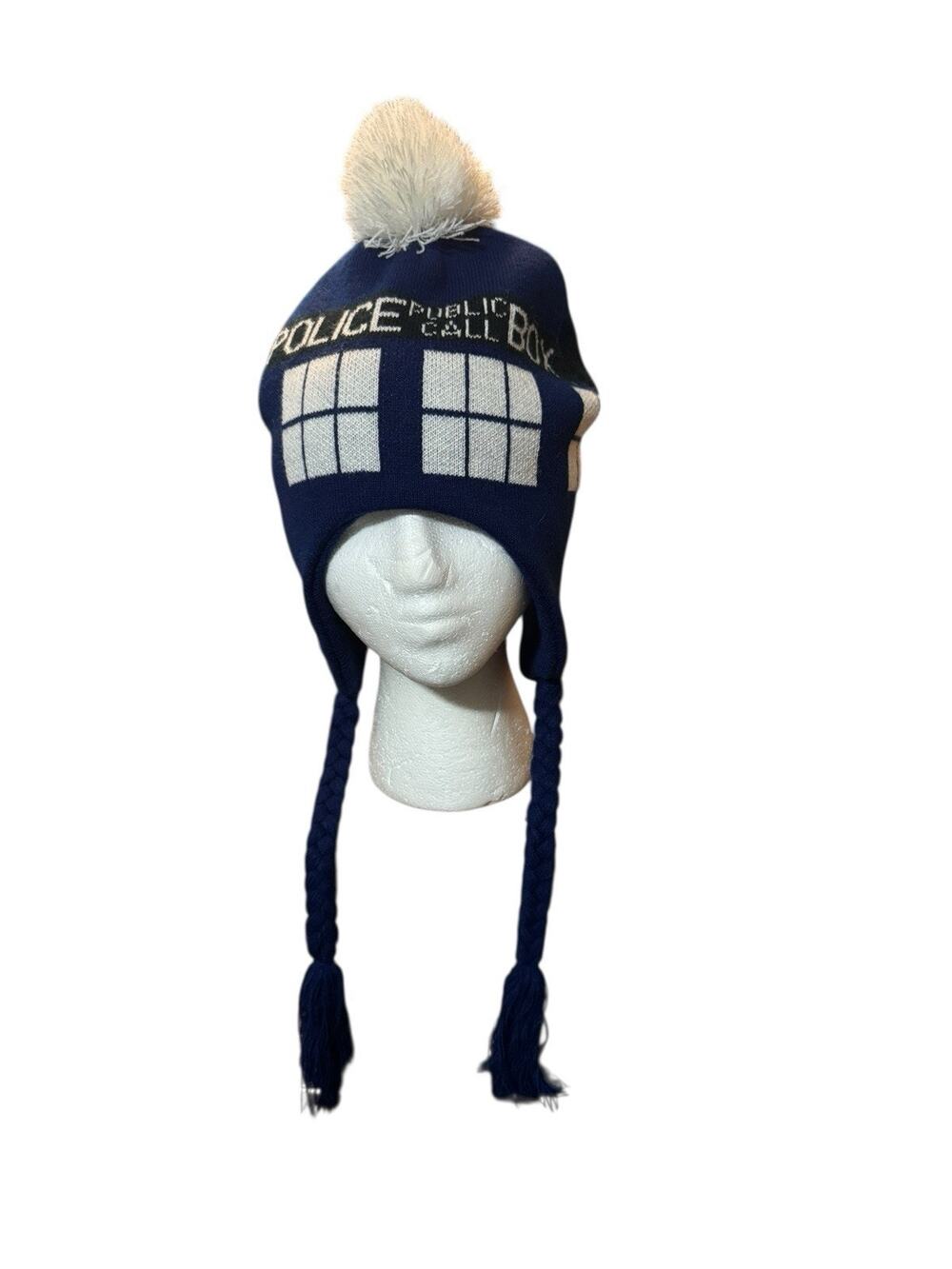 Dr Who Tardis Police Call Box Peruvian Knit Pom Beanie Hat Laplander Adult